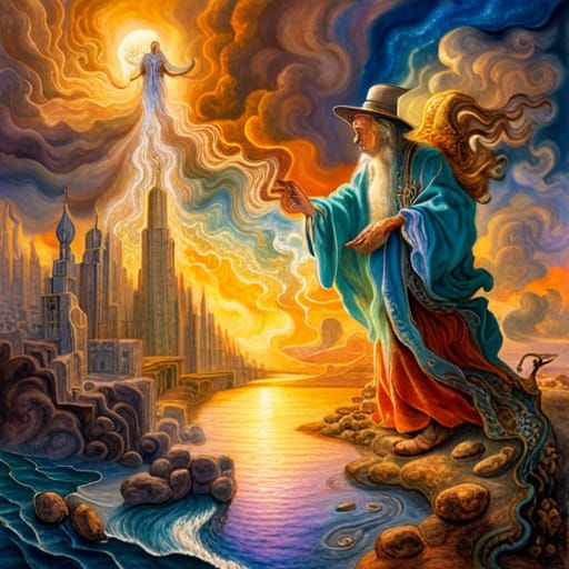 Wizard Summoning Storms: A Surrealist Illustration