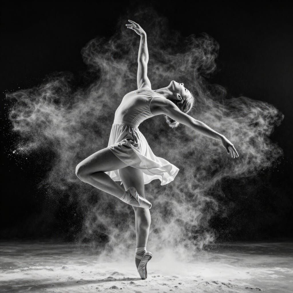 Ballet Dancer in Dramatic Aerial Pose, Black and White Photo...