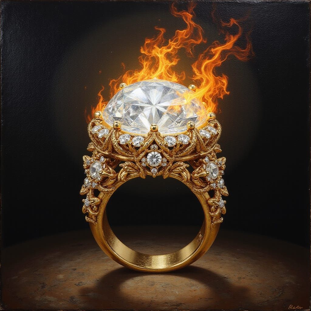 Flaming White-Fire Diamond Ring in Classical Painting Style