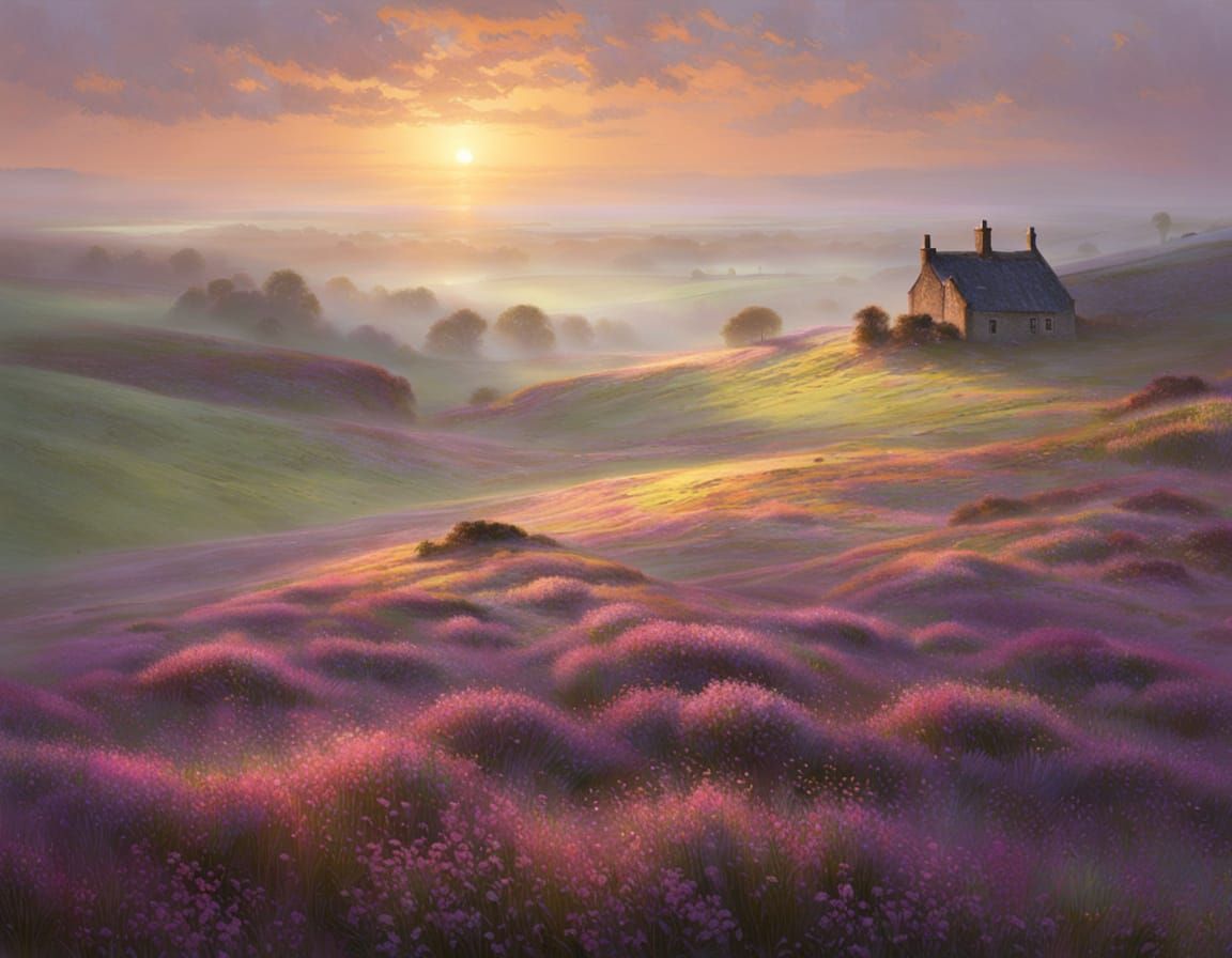 Mystical Scottish Heather Landscape at Sunrise