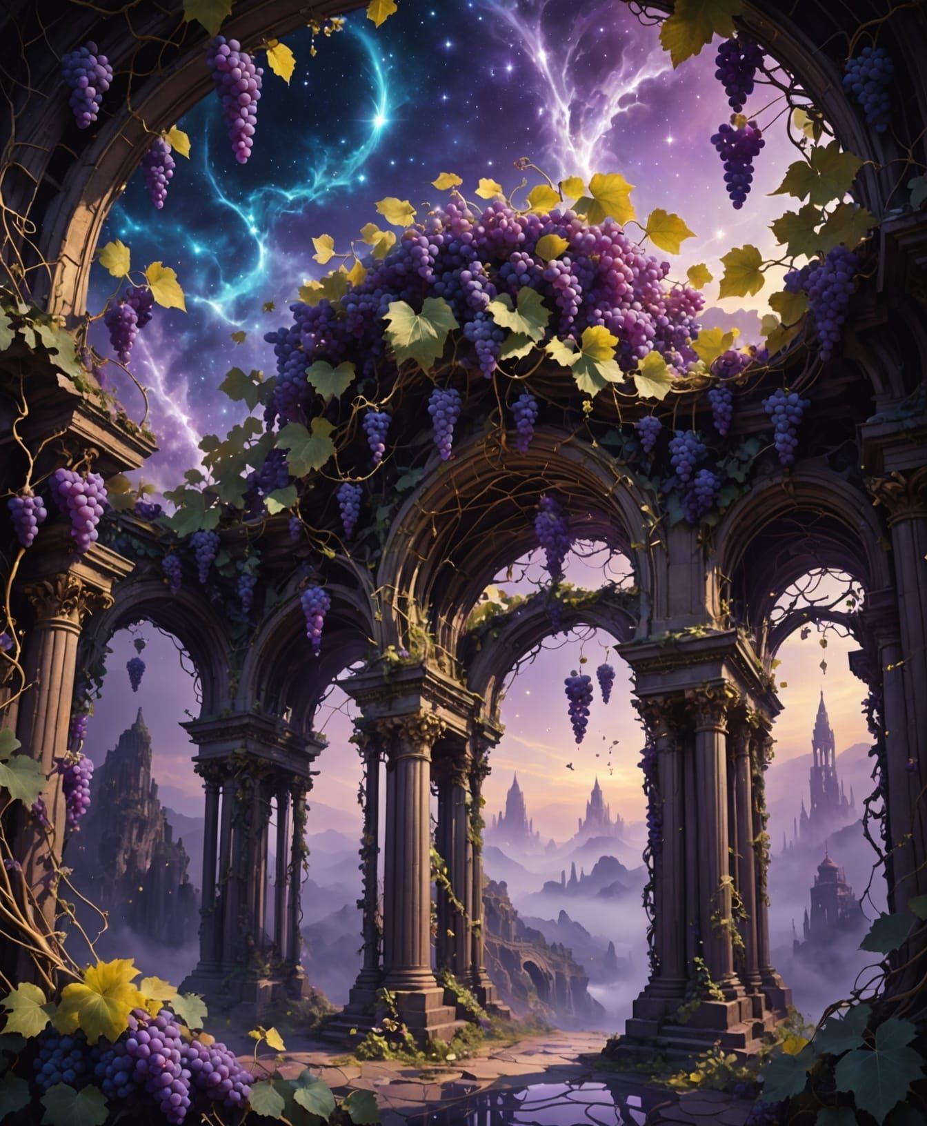 Surreal Dreamscapes of Glowing Grapes in Heavenly Vines