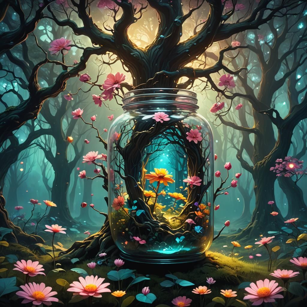 Magical Flowers in Jar: Surreal Whimsical Forest