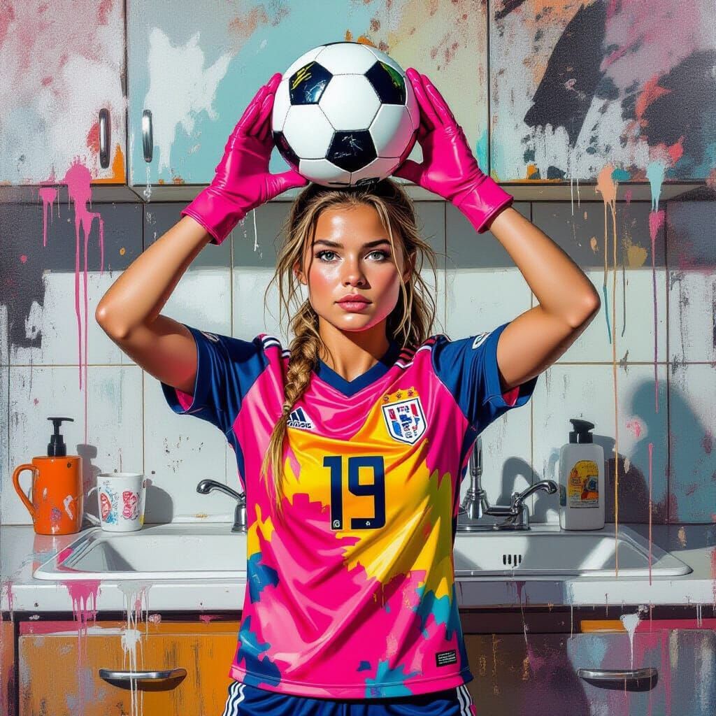 Female Footballer Balances Chores in Street Art Style