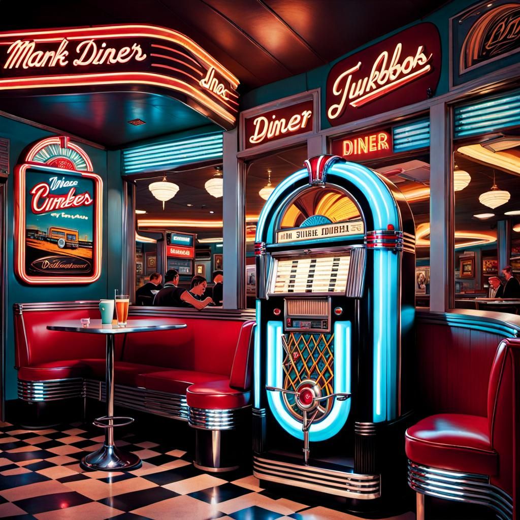 Vintage Jukebox in Diner, Comic Book Art Style