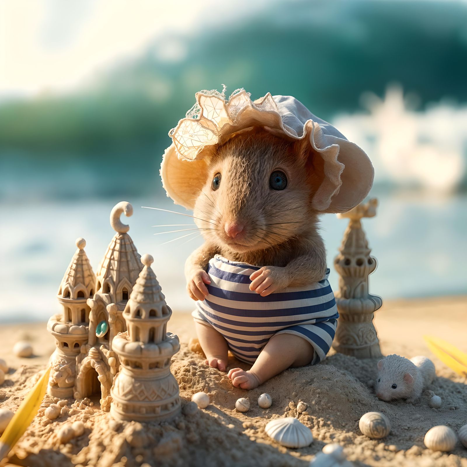 Mouse Builds Sandcastle: Fantasy Art in Beatrix Potter Style