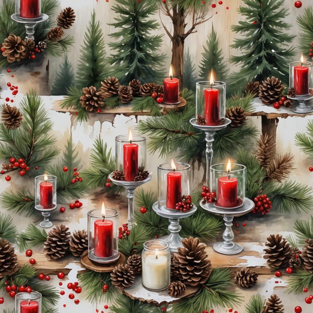 Rustic Christmas Still Life with Candles and Pine