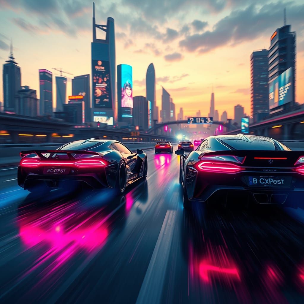 Cyberpunk Car Chase Unfolds Under Neon Skies