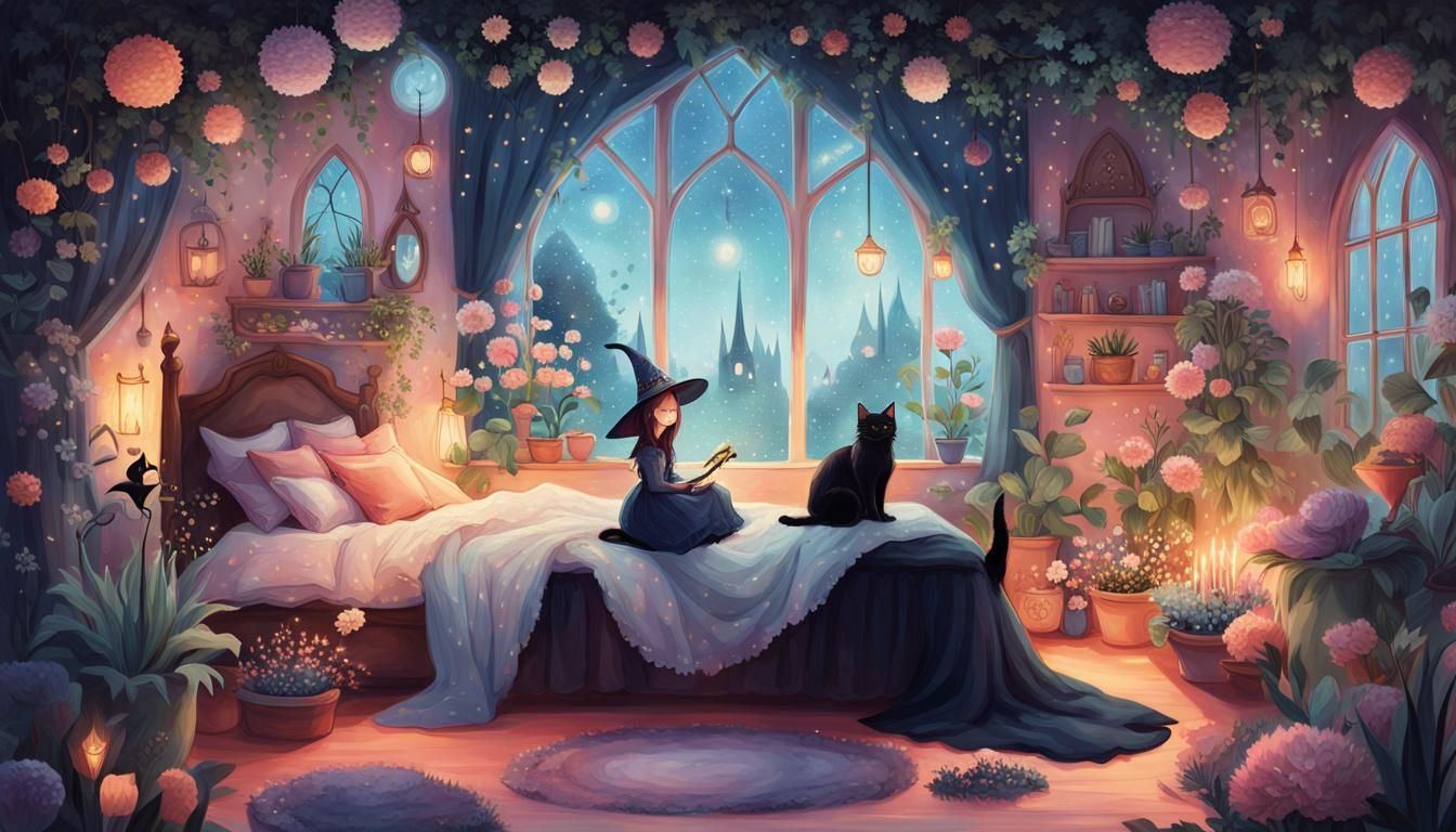 Enchanting Witch Princess in Whimsical Bedroom Illustration