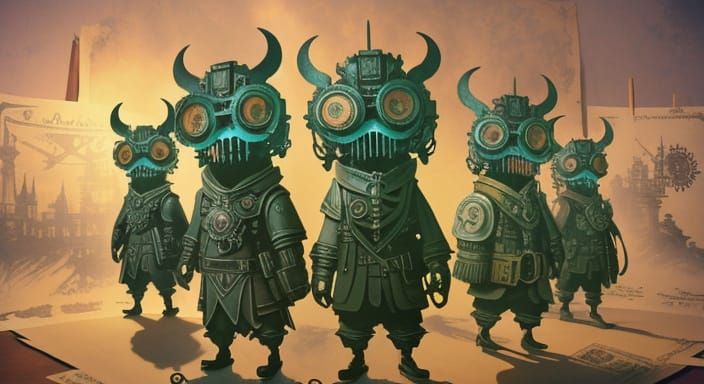 Steampunk Aetherpunk Ink Painting with Bioluminescent Highli...