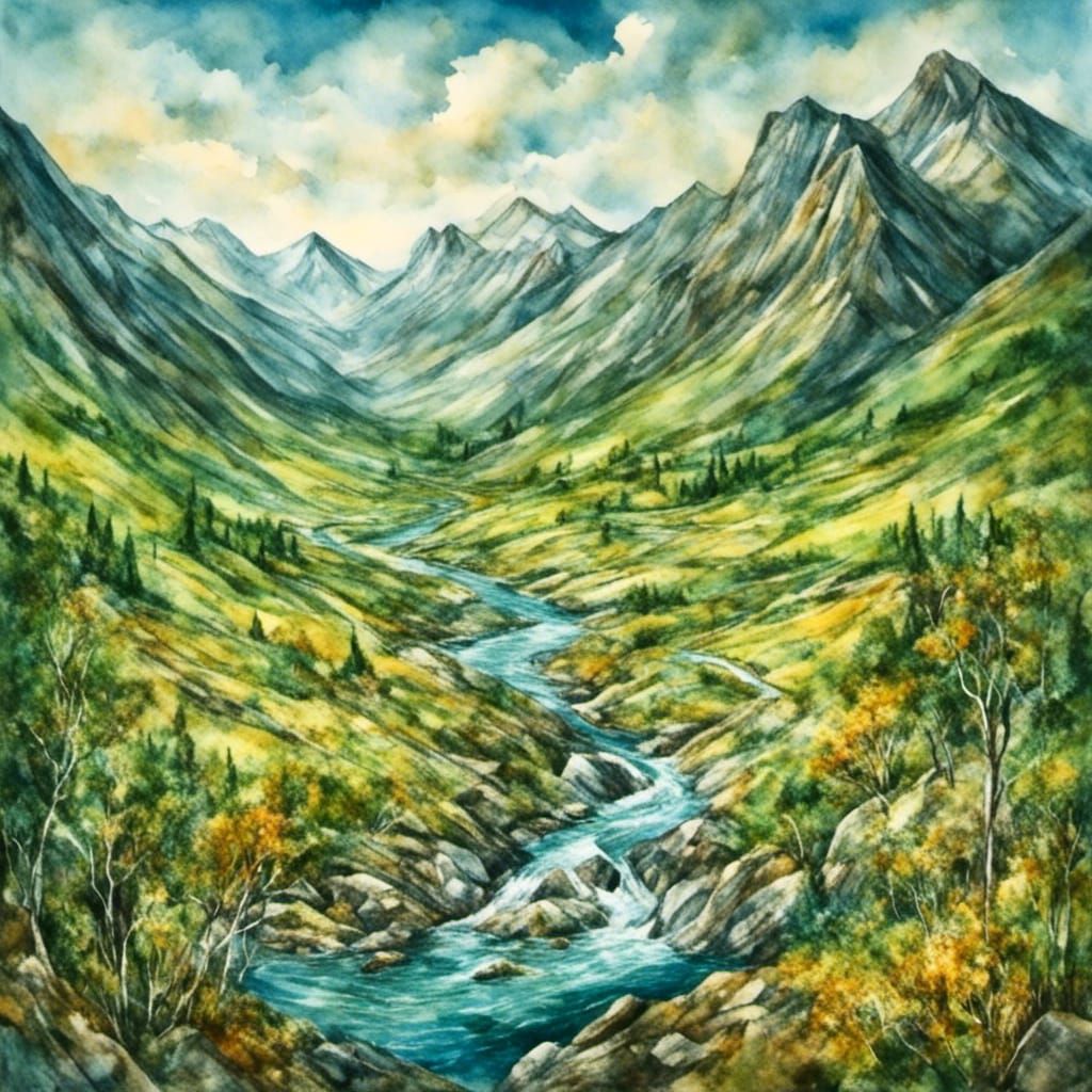 Mountain Valley River: Picturesque Landscape View