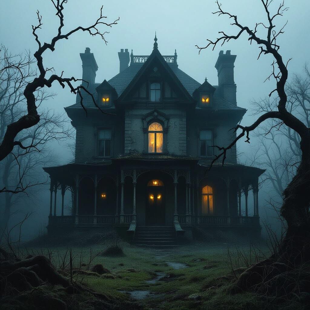 Gothic Victorian Mansion Shrouded in Mist with Eerie Eyes