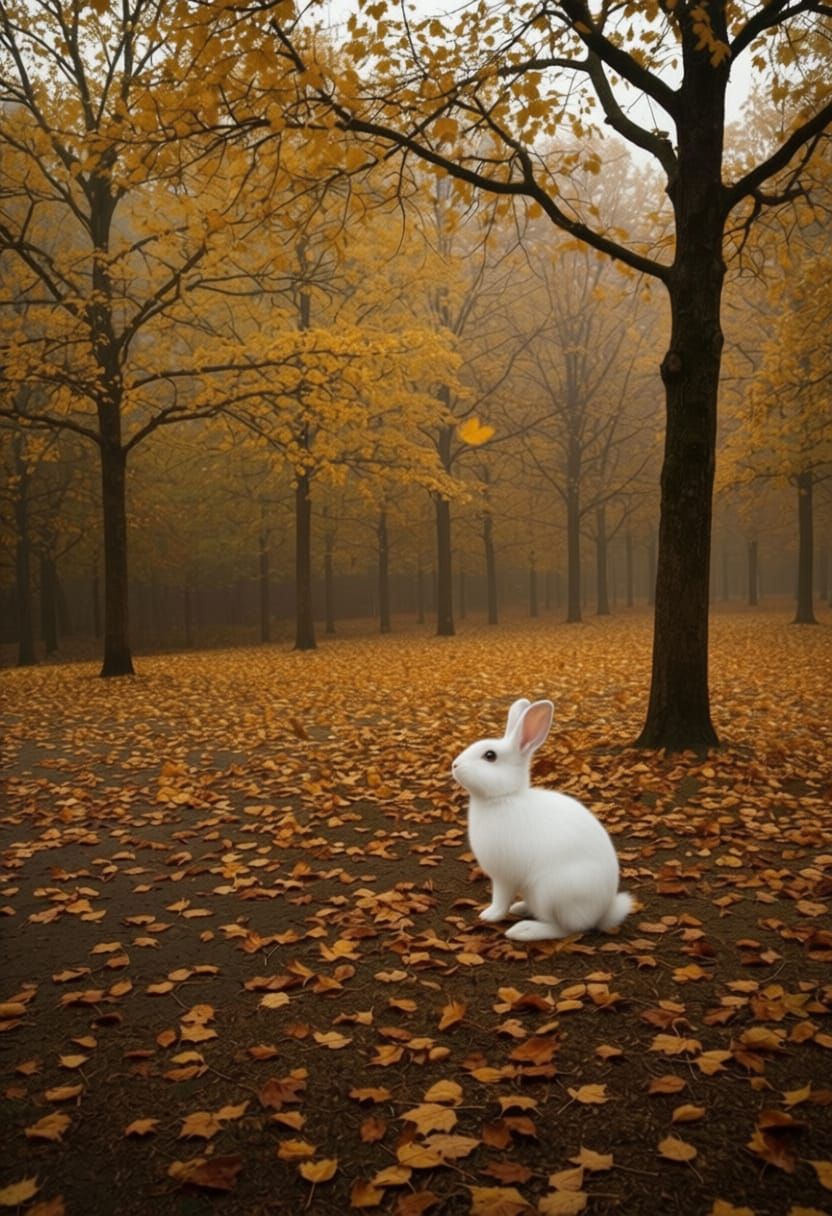 Photorealistic White Rabbit in Autumn Forest