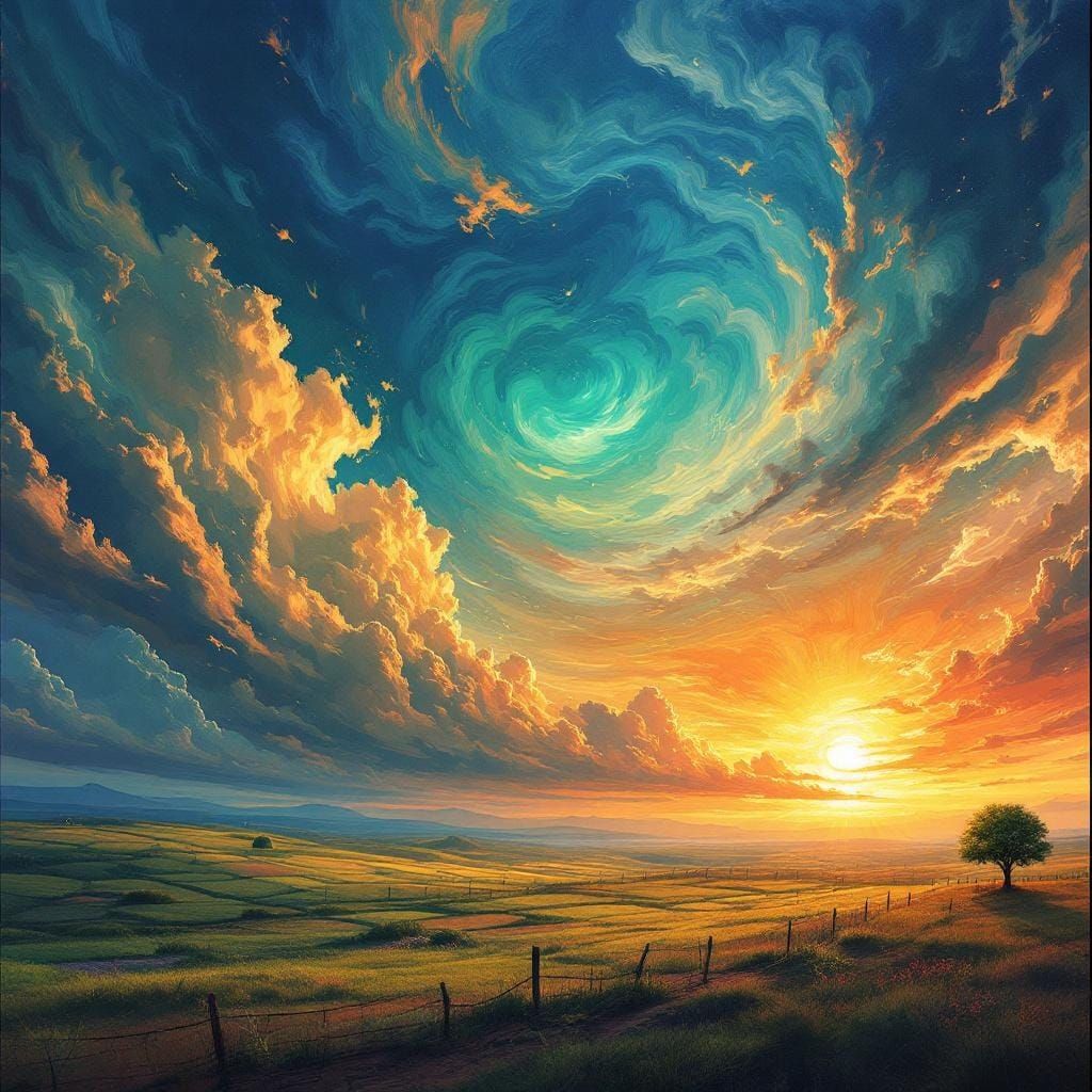 Surreal Sunset Landscape with Swirling Clouds