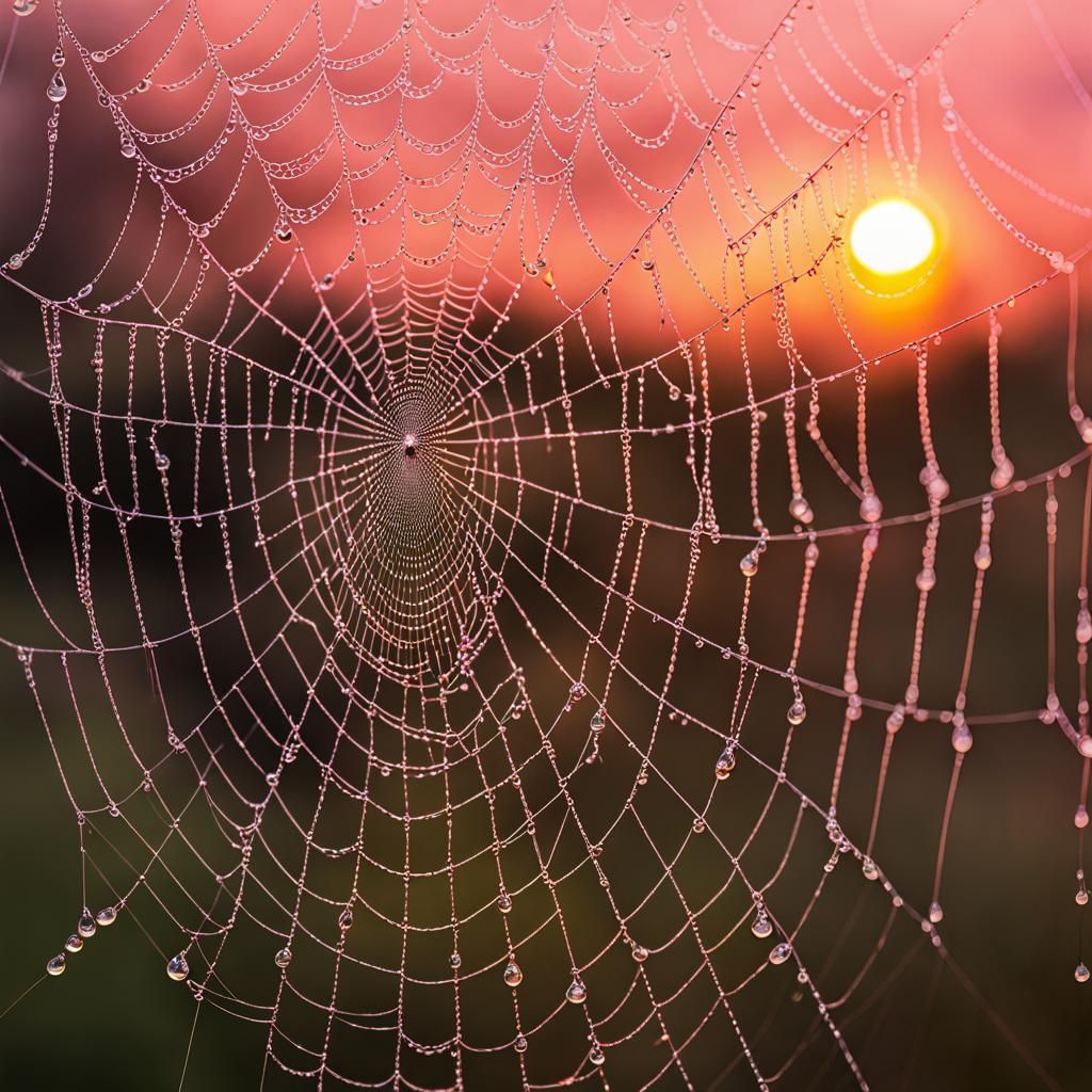 Dew-Kissed Spiderweb at Sunrise: Hyperrealistic HDR Image