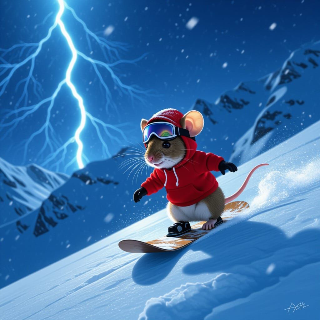Mouse Snowboarding in Electric Storm: Digital Painting