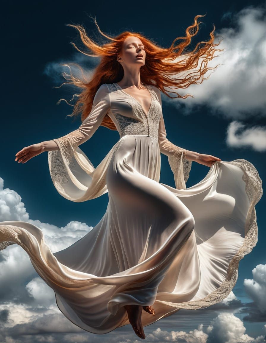 Surrealist Fantasy Image of a Ginger Woman Levitating Amidst...