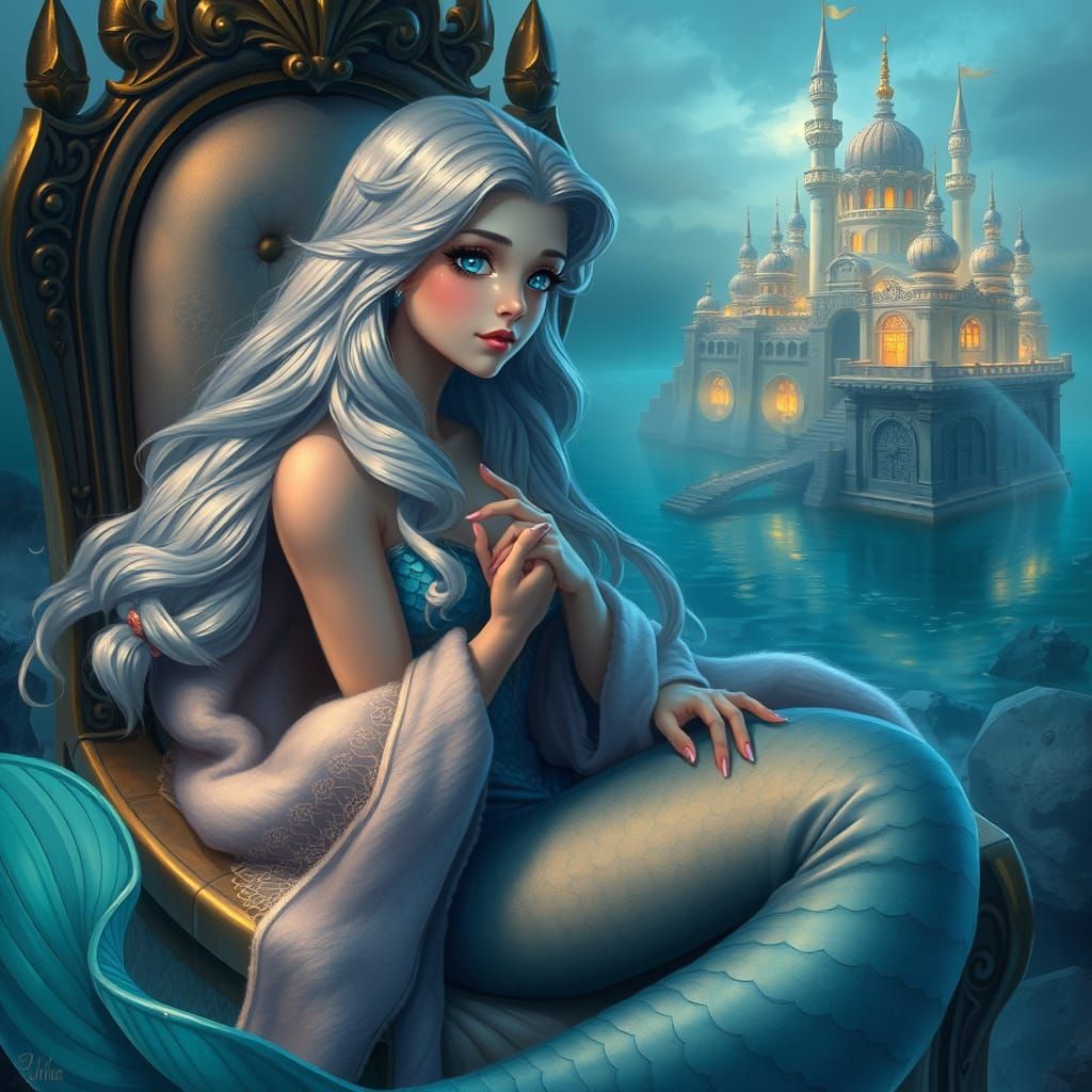 Mermaid Princess on Throne in Ethereal Fantasy Style