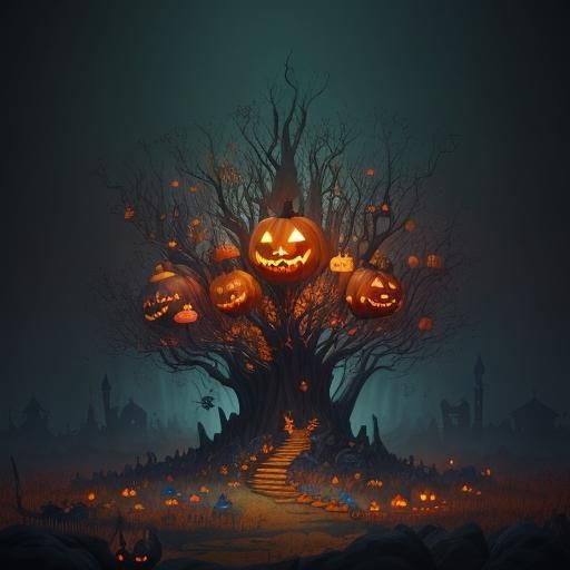 Spooky Halloween Celebration in Arthur Rackham Style