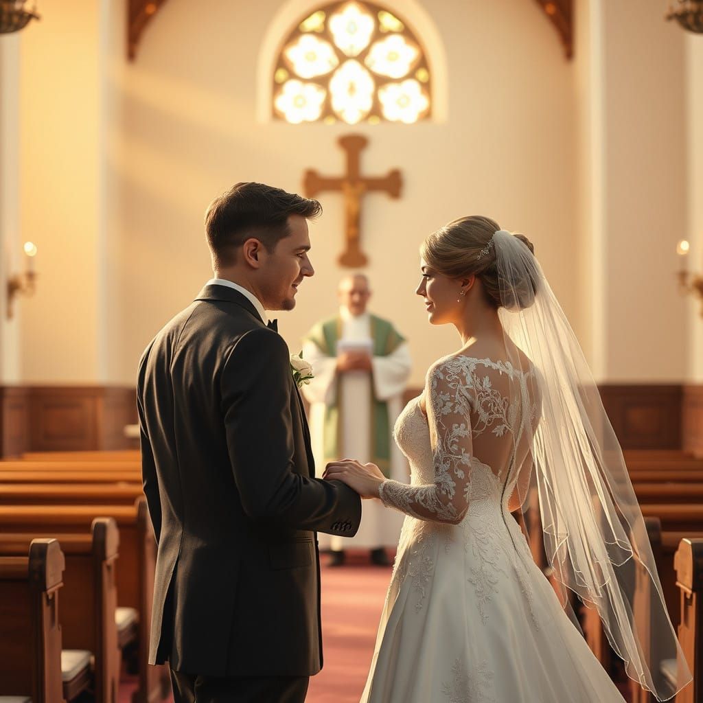 Romantic Church Wedding Scene in Muted Oil Painting Style