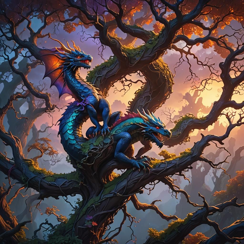 Dragon on Gnarled Branch in Greg Rutkowski Style