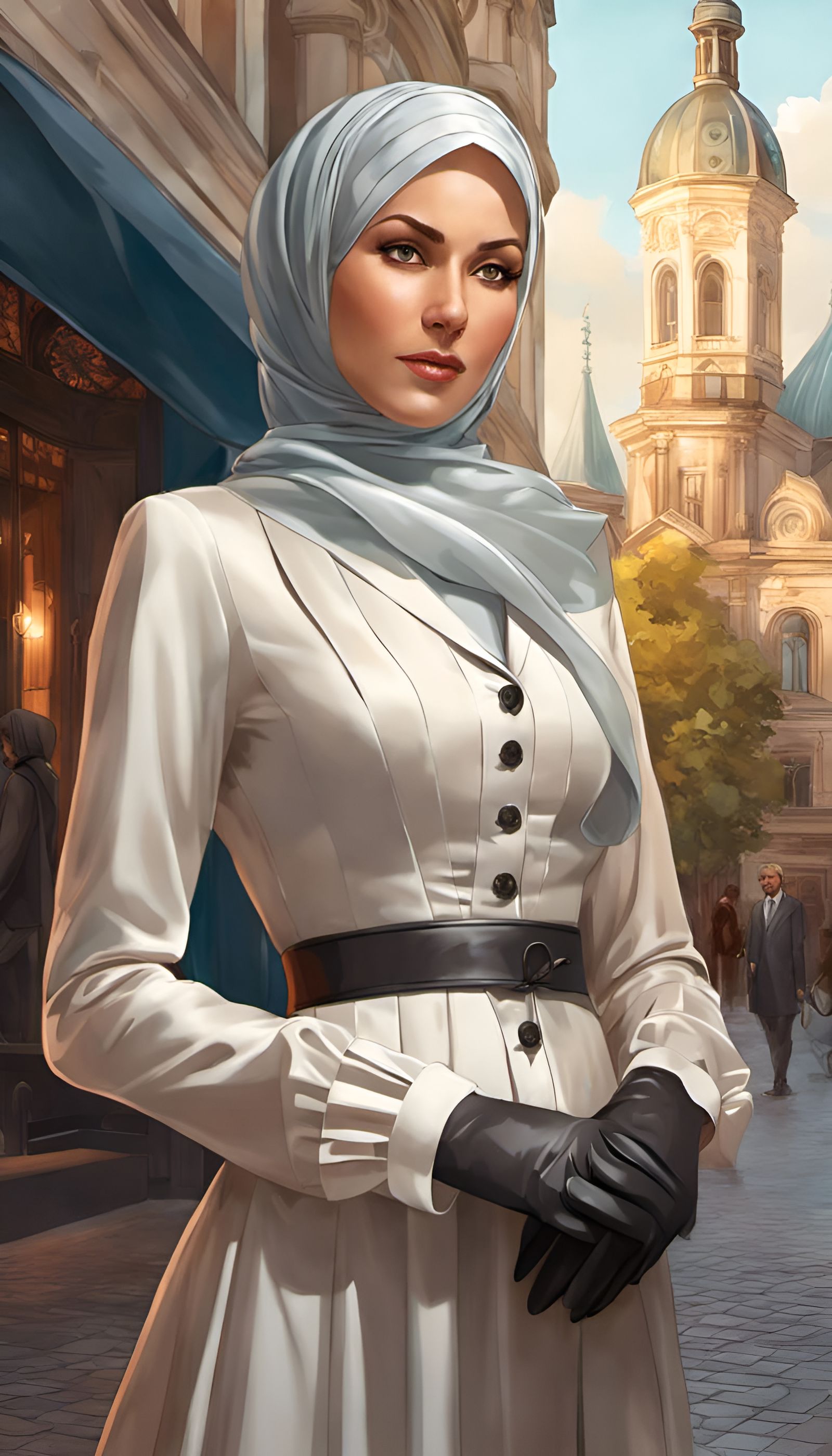 German Woman in Victorian Dress in Modern City