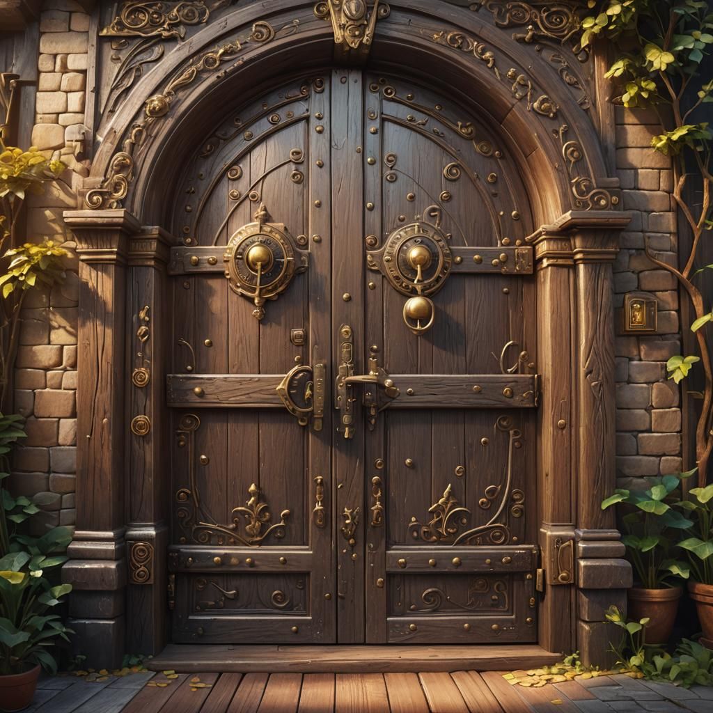 Magical Wooden Door with Golden Light, Matte Painting