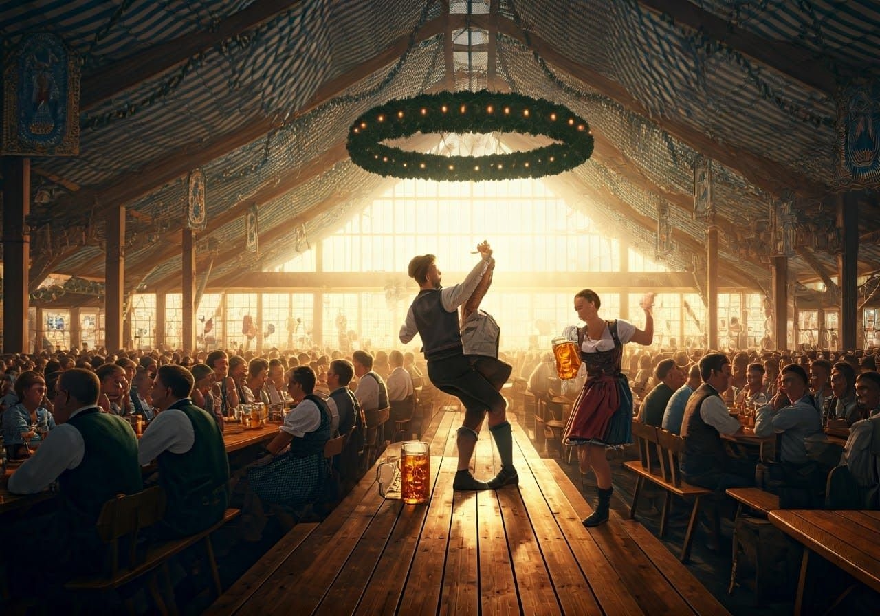 Oktoberfest Beer Hall Scene with Dancing and Smiles