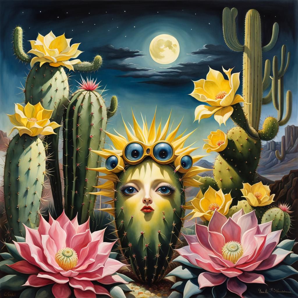 Surreal Anthropomorphic Cactus in Watercolor Style