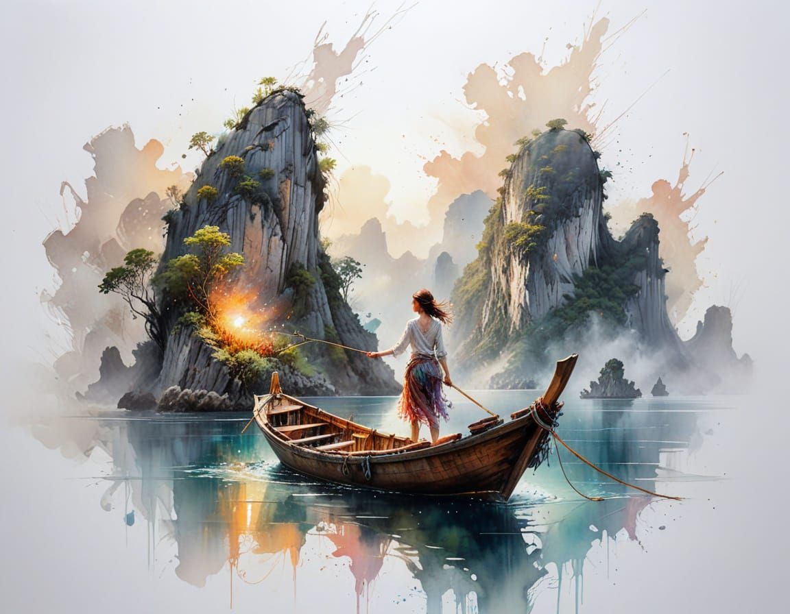 Cosmic Dawn Over Ha Long Bay: Fishing Boat Amidst Galaxy