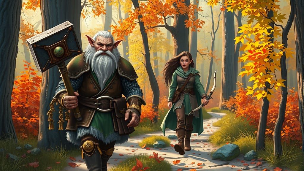 Dwarf and Elf on Autumn Forest Path