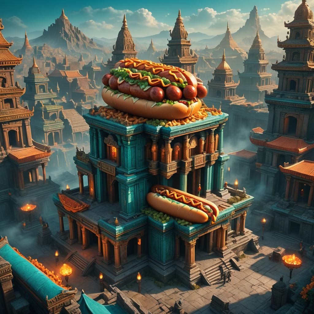 Giant Hotdog on Ancient Temple: Matte Painting