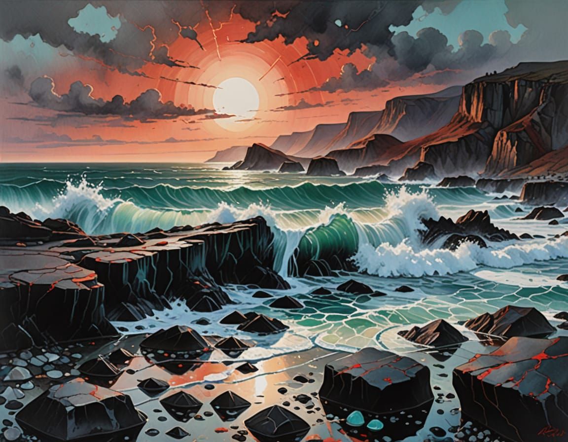 surreal coastline where black glass cliffs and white foam wa...