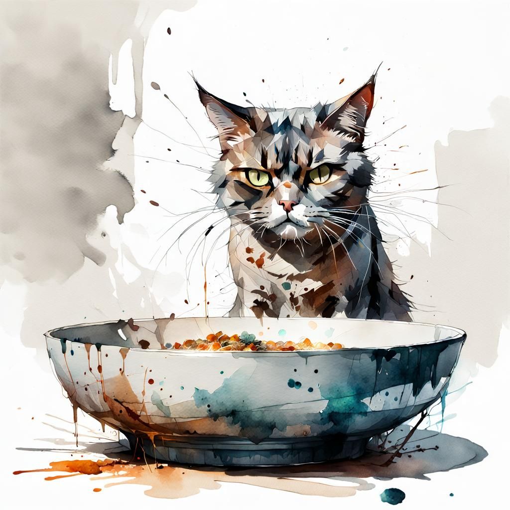 Angry Cat Digital Watercolor Illustration