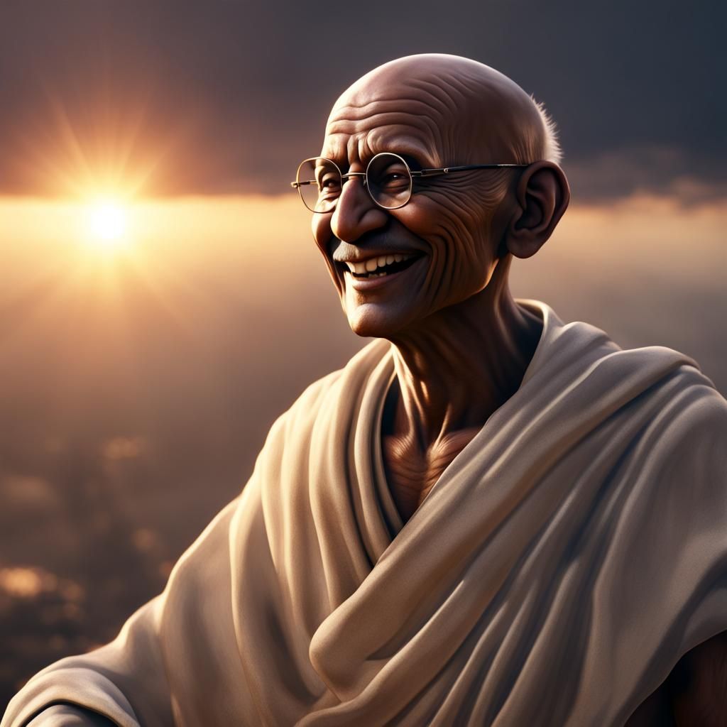 Ghandi Smiling: Detailed Matte Painting in Deep Color