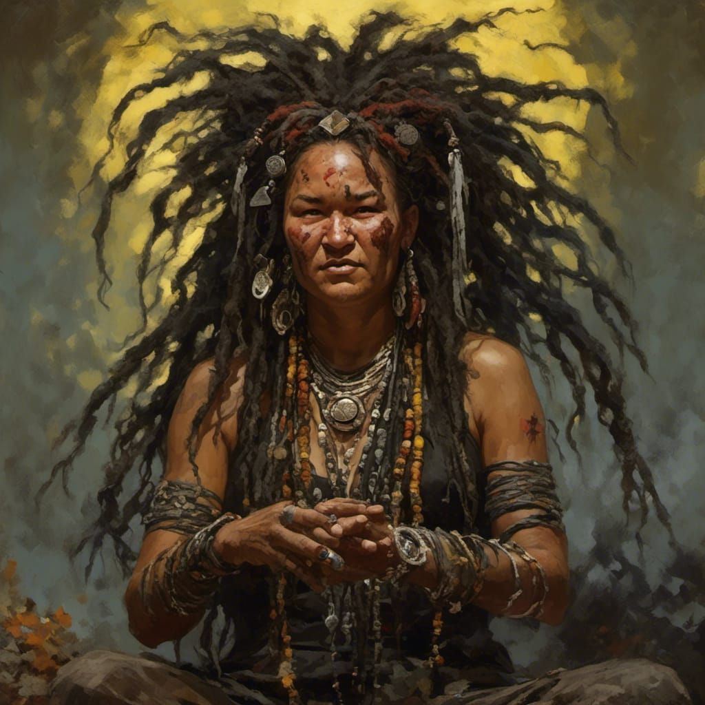 <lora:Native woman:1.0> Obeah Priestess with dreadlocks conj...