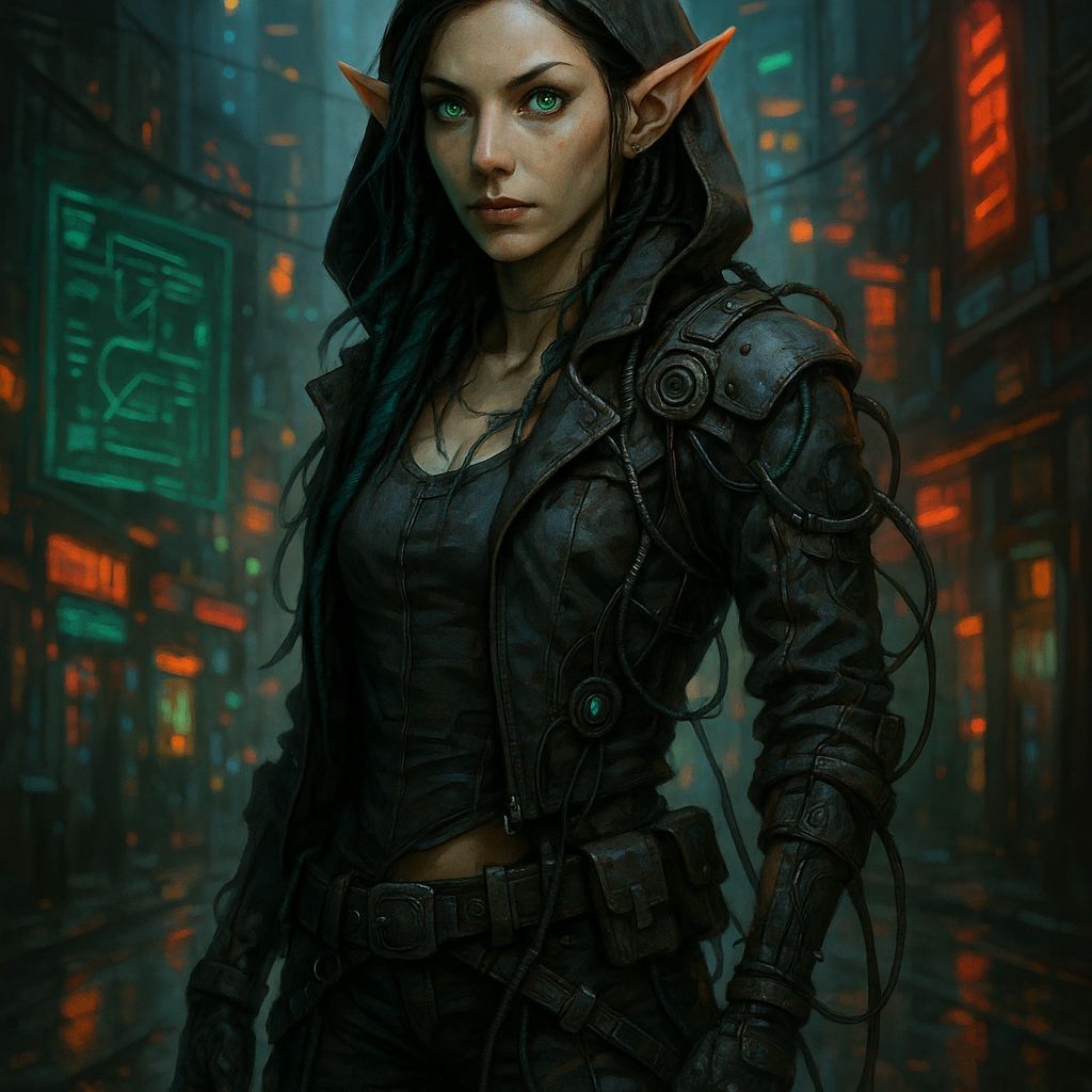 Shadowrun Female Elf in Cyberpunk Fantasy Attire