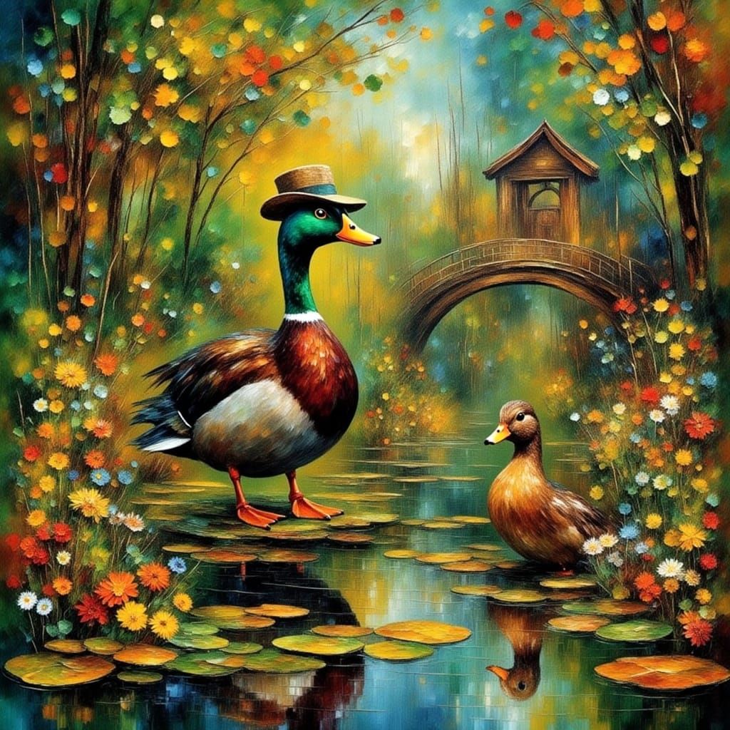 Quacking Mallards and Elmer Fudd in a Serene Pond Scene