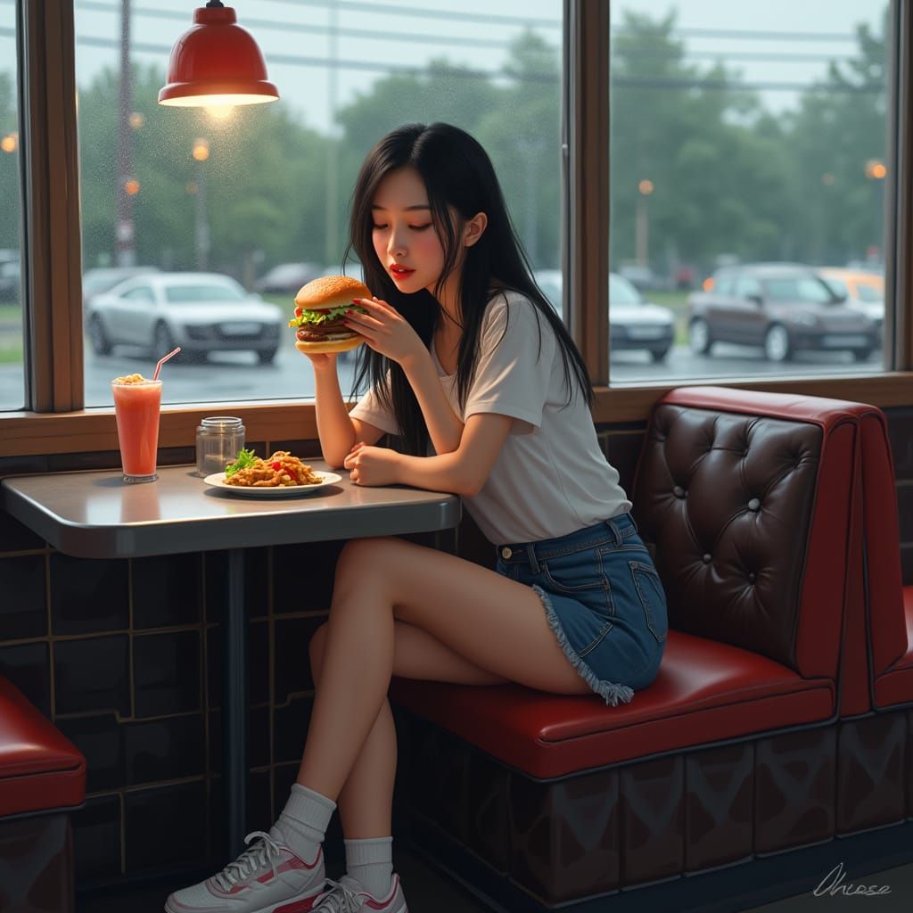 Woman Eating Burger in Rainy Diner