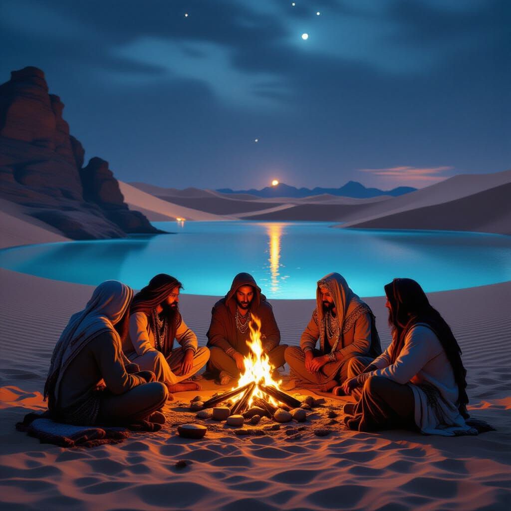 Nomadic Tribe at Desert Oasis in Fantasy Art Style