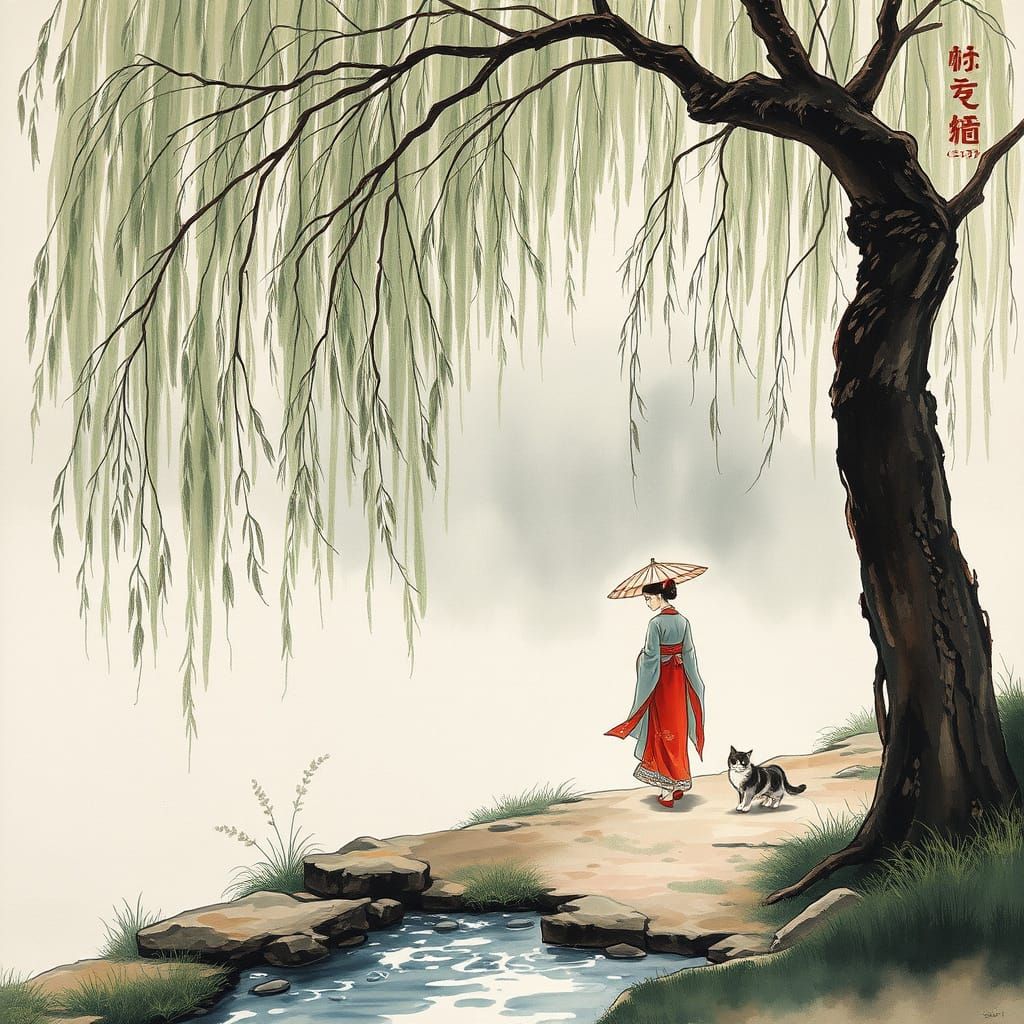 Chinese Lady with Parasol by Stream in Tang Dynasty Style