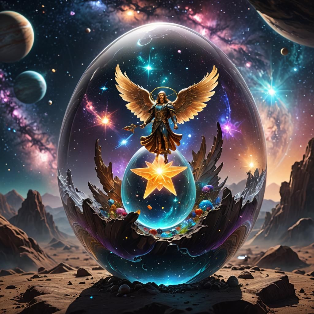 Archangel Barachiel Galaxy in Glass Egg, Fantasy Art