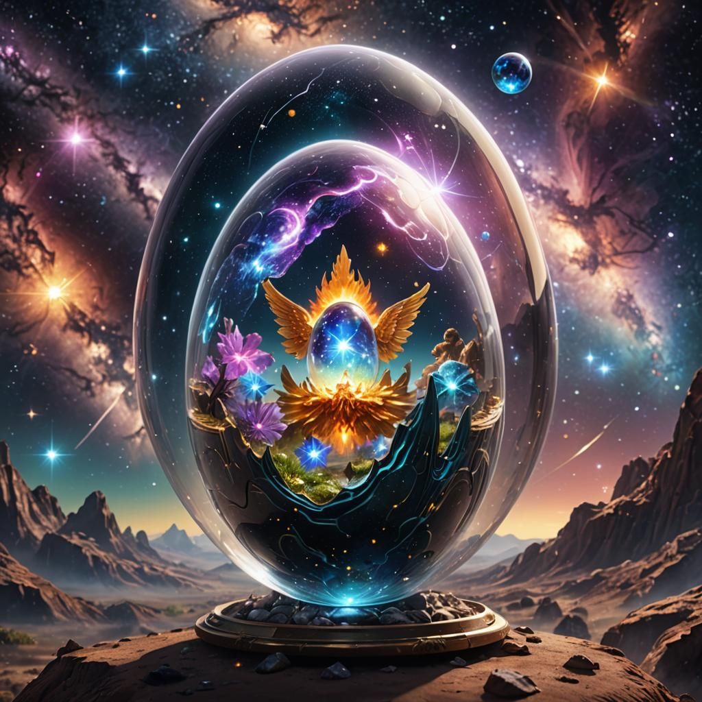 Archangel Barachiel and Galaxy in Glass Egg