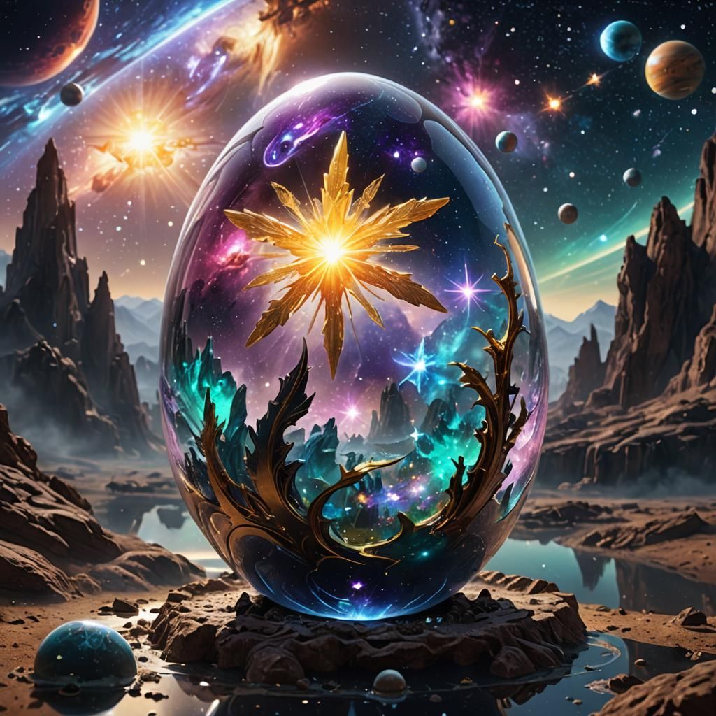 Archangel Barachiel and Galaxy in Glass Egg