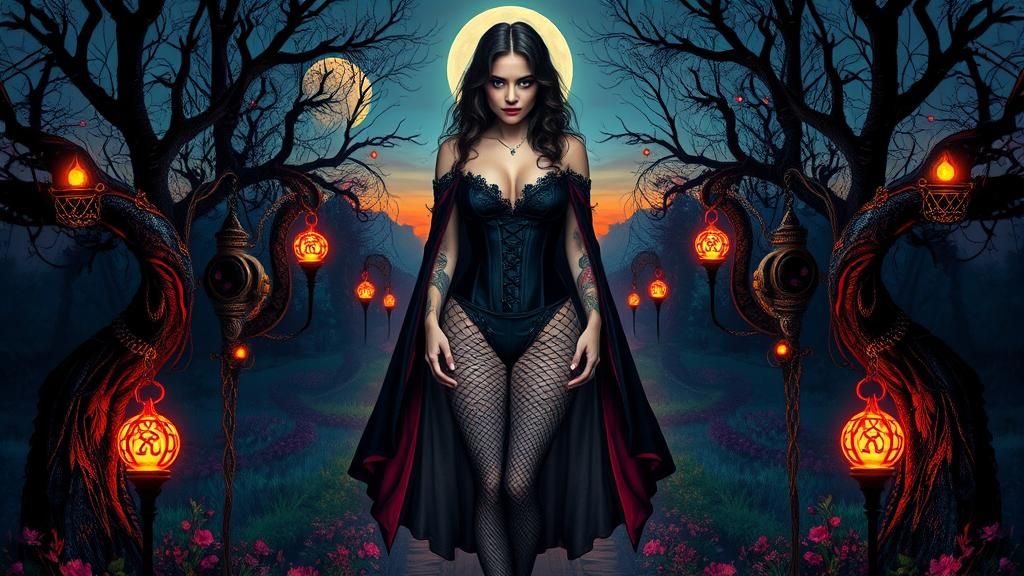 Mystical Temptress in Gothic Landscape, Surrealist Gouache P...