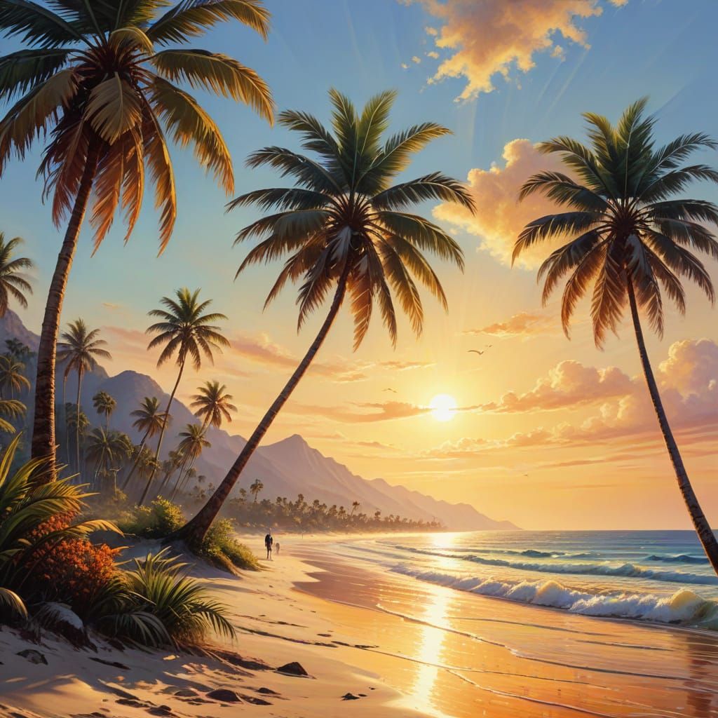 Tropical Beach Paradise in Vibrant Oil Painting