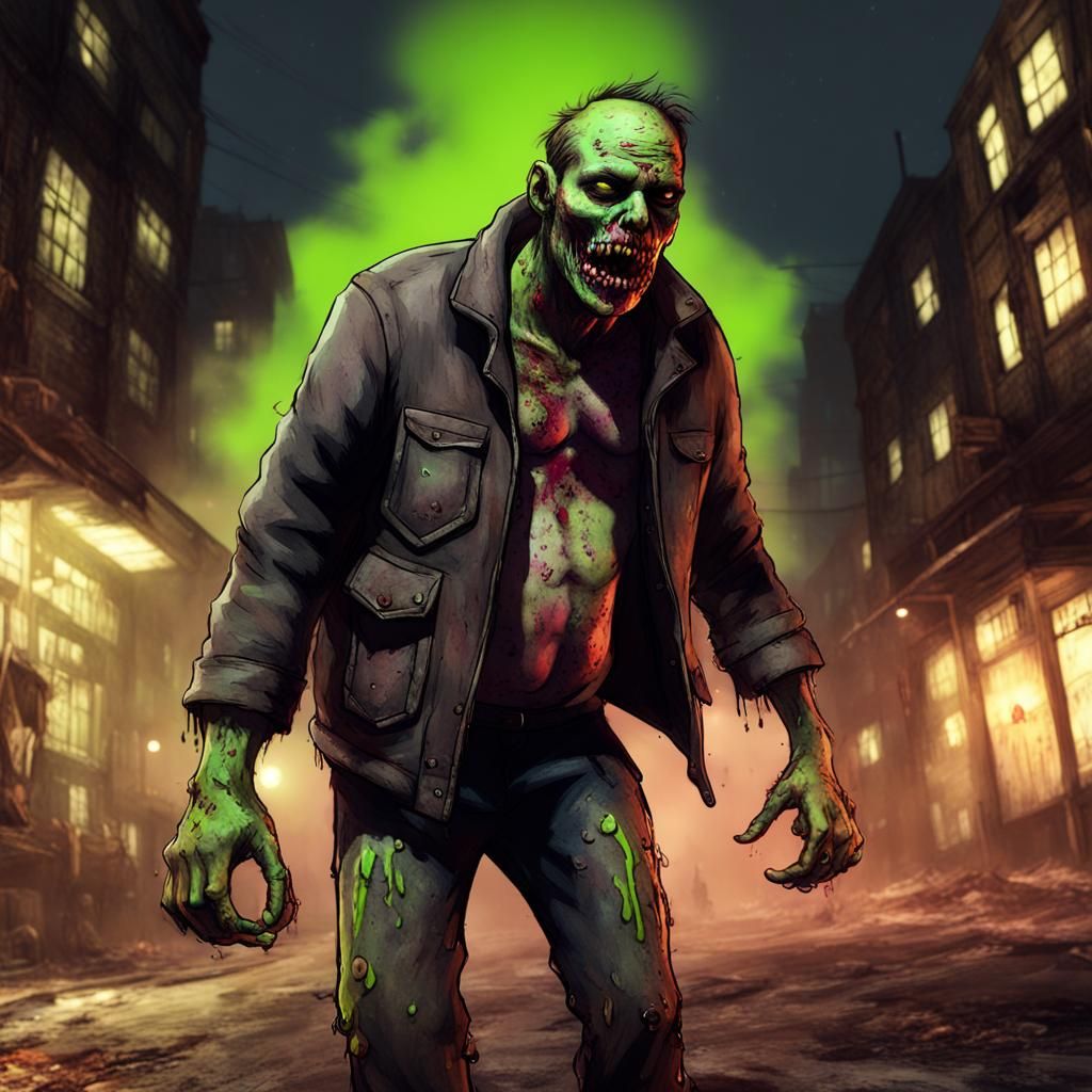 feral fatty zombie, spewing acid, urban nighttime, skyrim th...