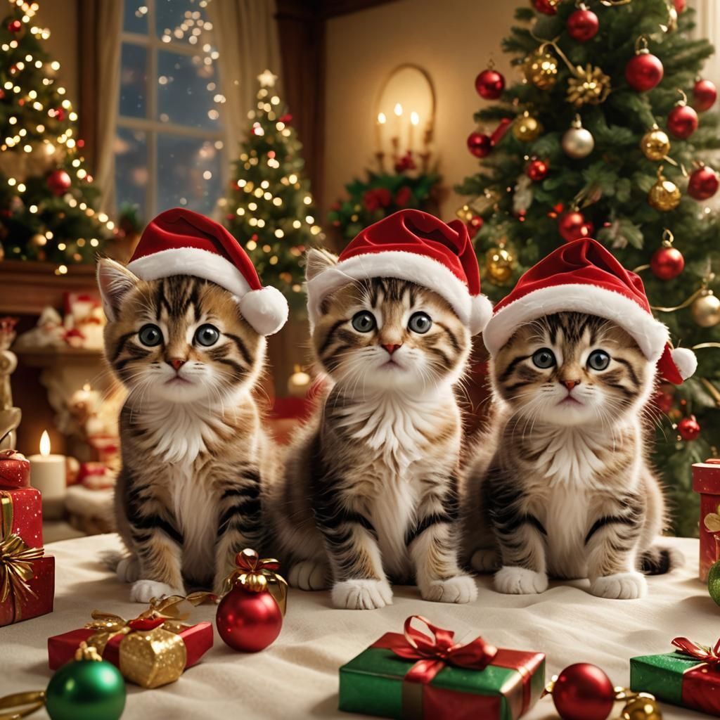Festive Kittens in Santa Hats: Digital Matte Painting