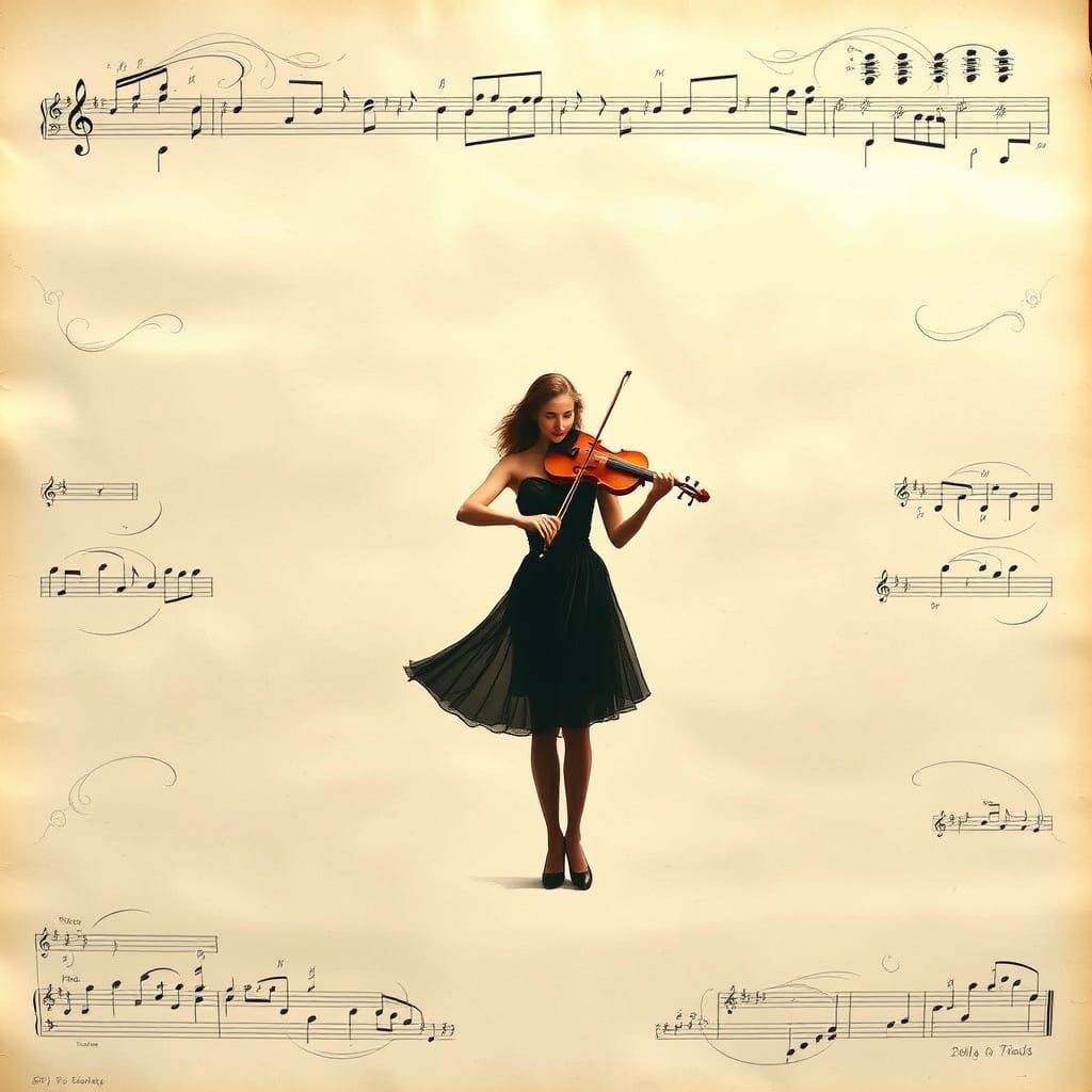 Elegant Violinist Amidst Whimsical Sheet Music