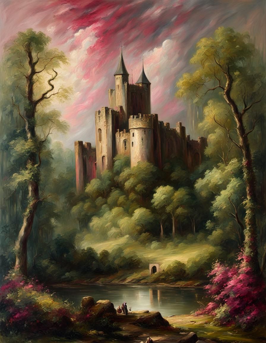 Medieval Castle in Forest Oil Painting