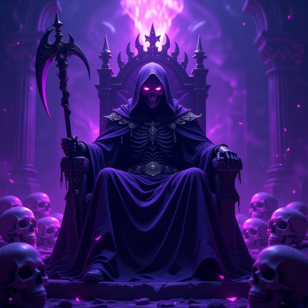 Grim Reaper King on Throne with Purple Skulls in Digital Art